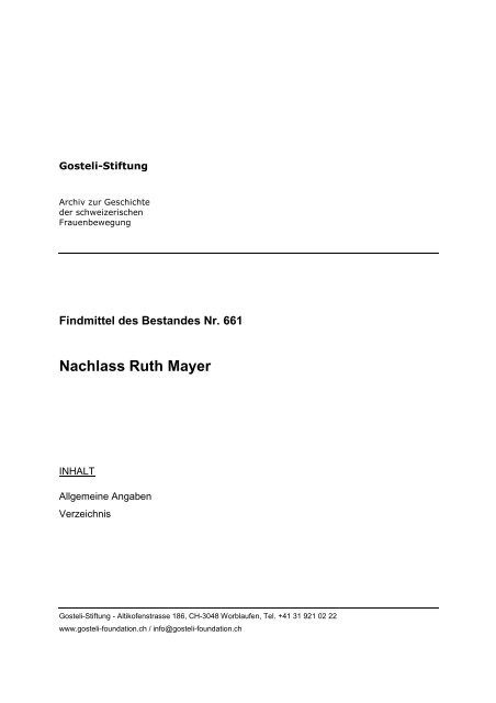 Nachlass Ruth Mayer - Archiv zur Geschichte der schweizerischen ...