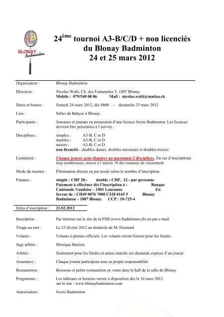 24ème Tournoi de Blonay 2012 - Blonay Badminton