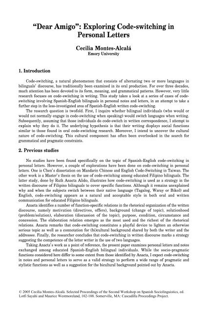 Exploring Code Switching In Personal Letters Cascadilla