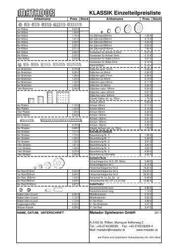 KLASSIK Einzelteilpreisliste - Matador