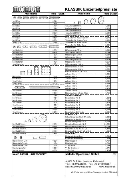 KLASSIK Einzelteilpreisliste - Matador