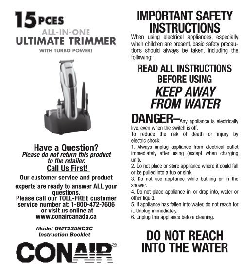 Important Safety Instructions Keep Away From Water Do Not Conair