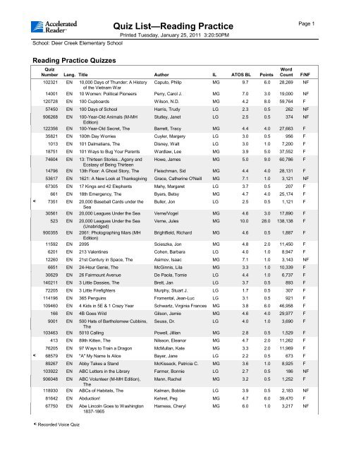 Quiz List Reading Practice Deer Creek Elementary