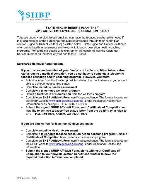 tobacco surcharge affidavit 1 STATE HEALTH BENEFIT PLAN (SHBP) 2012 ACTIVE