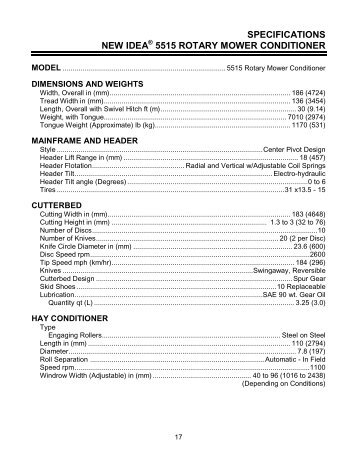 SPECIFICATIONS NEW IDEA 5515 ROTARY MOWER CONDITIONER