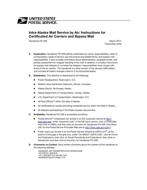 Handbook Po 508 Intra Alaska Mail Service By Air Usps Com
