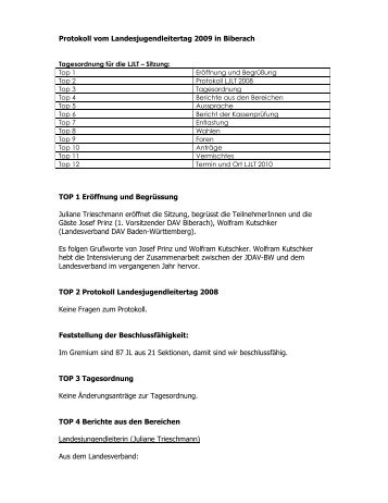 Protokoll vom Landesjugendleitertag 2009 in Biberach TOP 1 ...