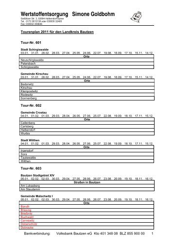 Tourenplan 2011 - Wertstoffentsorgung Simone Goldbohm