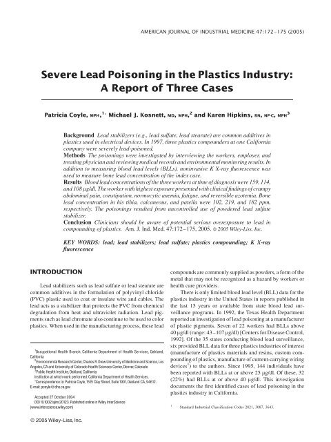 Severe lead poisoning in the plastics industry - California ...