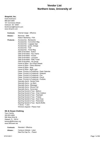 Vendor List Northern Iowa, University of