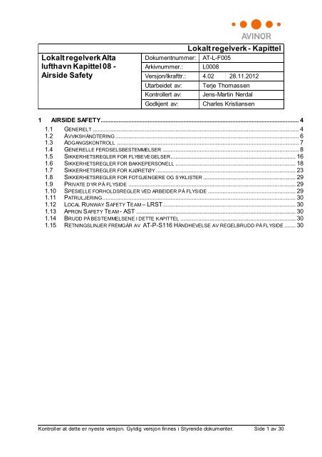 Lokalt regelverk - Kapittel Lokalt regelverk Alta lufthavn ... - Avinor