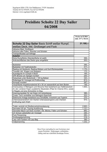 Preisliste Scholtz 22 Day Sailer 04/2008 - Segelsport Hille Ltd.