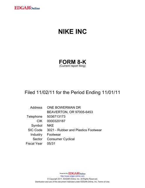 NIKE INC FORM 8-K