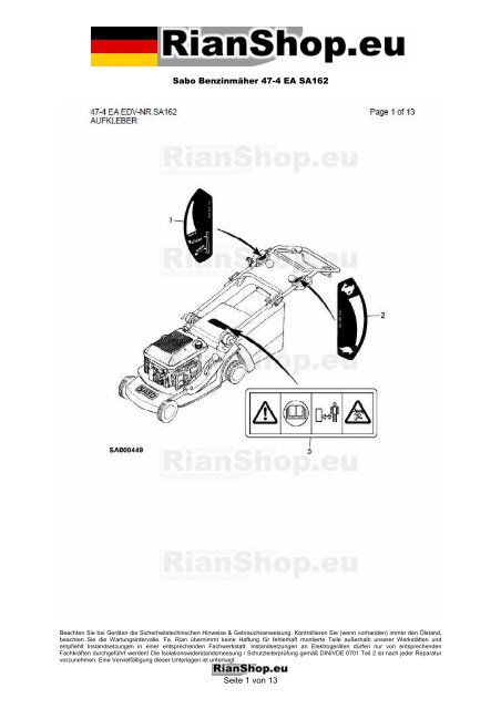 Sabo Benzinmäher 47-4 EA SA162 Seite 1 von 13 - RianShop.eu