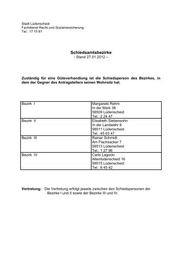 Schiedsamtsbezirke mit Straßenverzeichnis - Stadt Lüdenscheid