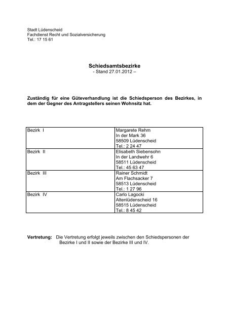 Schiedsamtsbezirke mit Straßenverzeichnis - Stadt Lüdenscheid