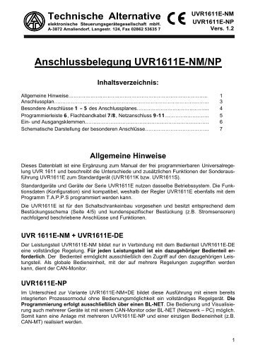 Anschlussbelegung UVR1611E-NM/NP