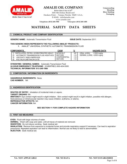 MATERIAL SAFETY DATA SHEETS - Amalie Oil Company