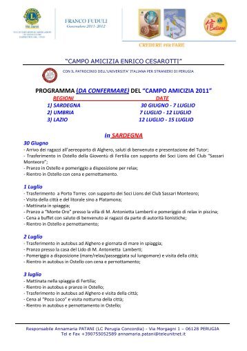 PROGRAMMA (DA CONFERMARE) DEL “CAMPO AMICIZIA 2011 ...