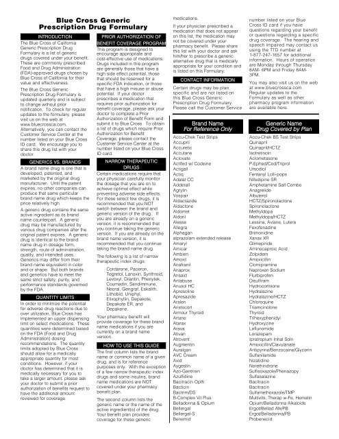 Blue Cross Generic Prescription Drug Formulary
