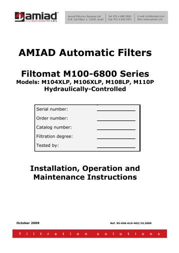 AMIAD Automatic Filters Filtomat M100-6800 Series Models - Netafim