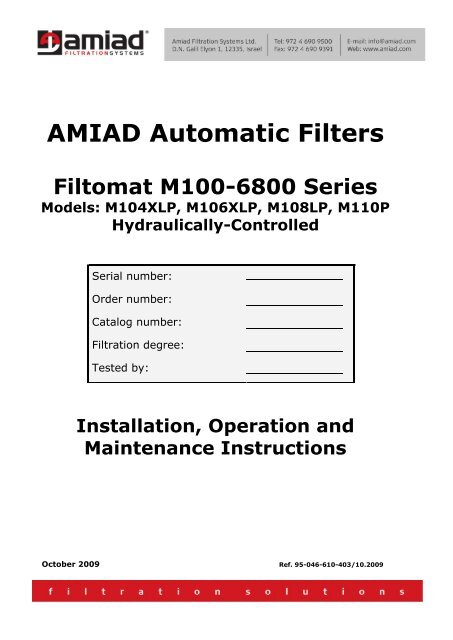 AMIAD Automatic Filters Filtomat M100-6800 Series Models - Netafim