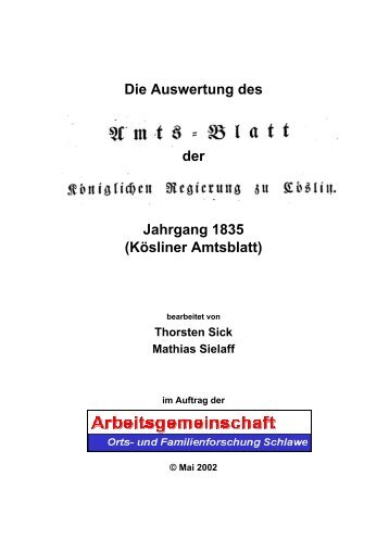 Jahrgang 1835 Die Auswertung des Amts-Blatt der (Kösliner ...