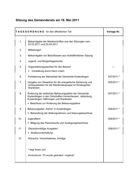 Gemeinde Kusterdingen N iederschrift über die öffentliche Sitzung ...