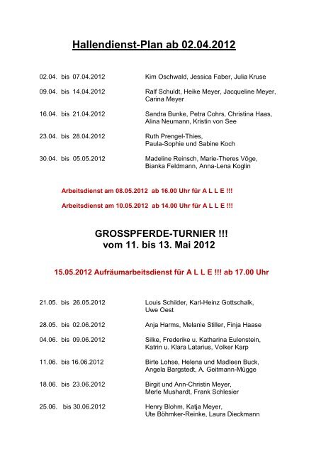 Hallendienst-Plan ab 02.04.2012 - Otterndorfer Reitclub eV