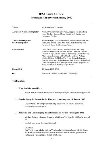 IFMBERN ALUMNI Protokoll Hauptversammlung 2002