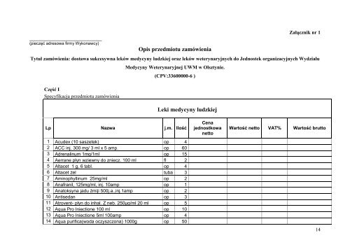 Opis przedmiotu zamówienia Leki medycyny ludzkiej