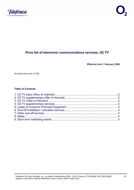 Price list of electronic communications services, O2 TV