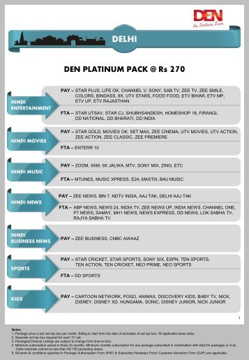 DELHI DEN PLATINUM PACK @ Rs 270 - DEN Networks
