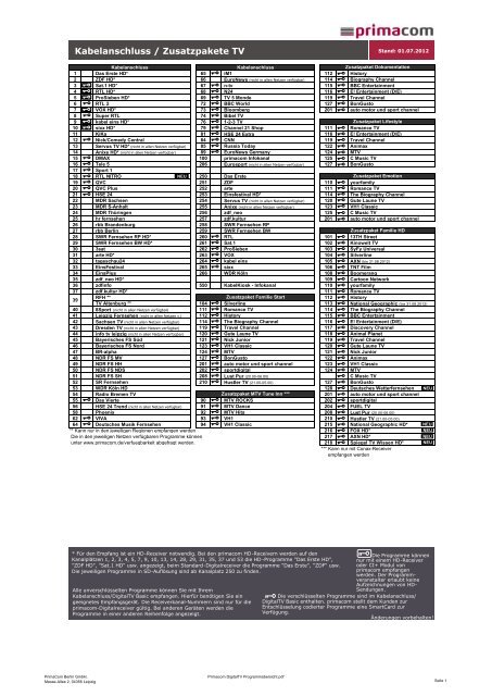 Kabelanschluss / Zusatzpakete TV - Primacom