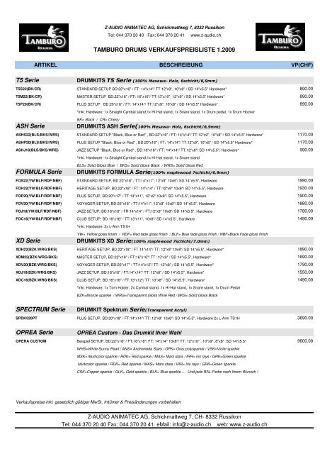 TAMBURO DRUMS VERKAUFSPREISLISTE 1.2009 T5 Serie ASH