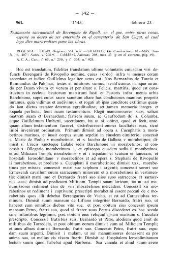 961. 1145, febrero 23. Testamento sacramental de Berenguer de ...