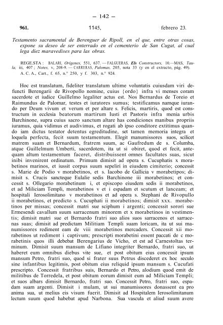 961. 1145, febrero 23. Testamento sacramental de Berenguer de ...