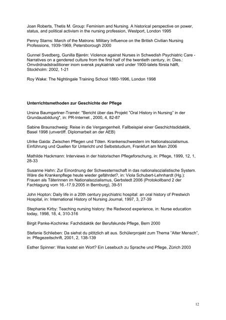 Literaturliste Geschichte der Pflege Schweiz - Schweizerische ...