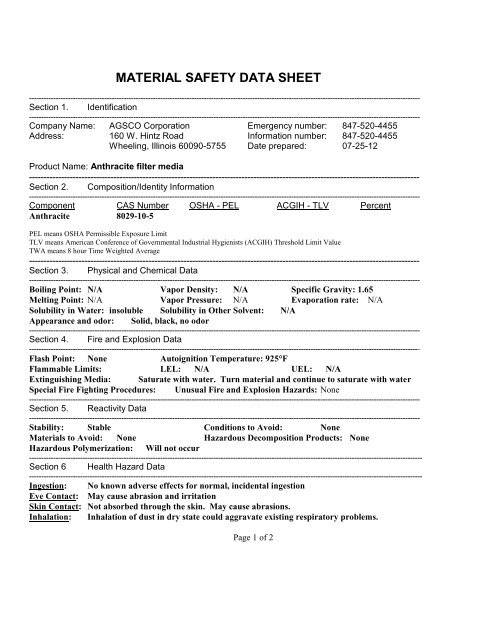MATERIAL SAFETY DATA SHEET - Agsco