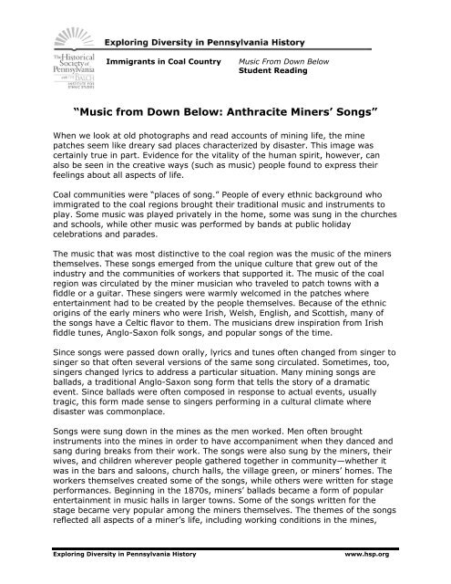 “Music from Down Below: Anthracite Miners' Songs”