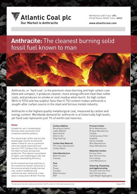 Anthracite: The cleanest burning solid fossil fuel ... - Atlantic Coal plc