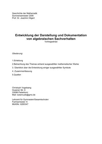 Entwicklung der Darstellung und Dokumentation von algebraischen ...