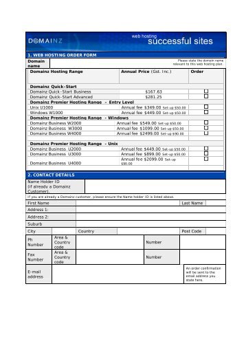 1. WEB HOSTING ORDER FORM Order Domainz Premier