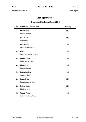 Lösungshinweise Bilanzbuchhalterprüfung 2005 - Klausurenkurse