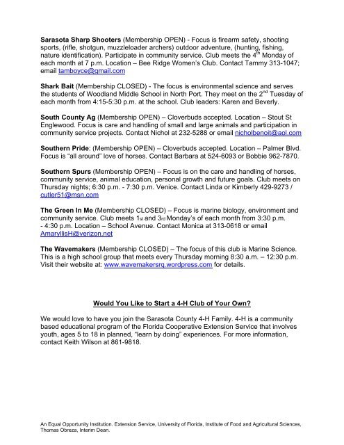 2012-2013 Sarasota County 4-H Club Listing