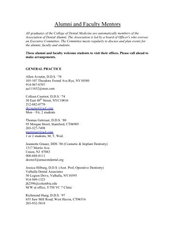 Alumni Mentor List - Columbia University College of Dental Medicine