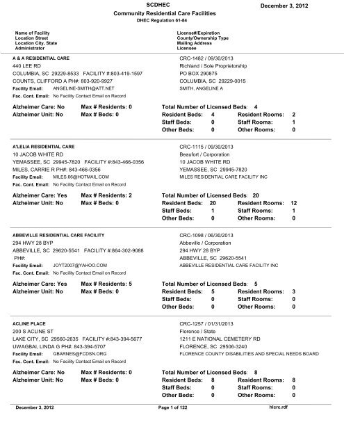 Scdhec December 3 12 Community Residential Care Facilities