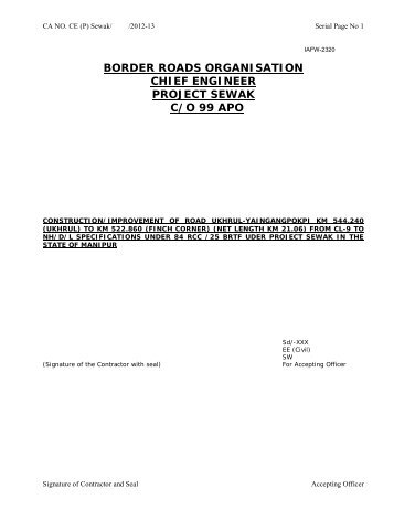 border roads organisation chief engineer project sewak c/o 99 apo