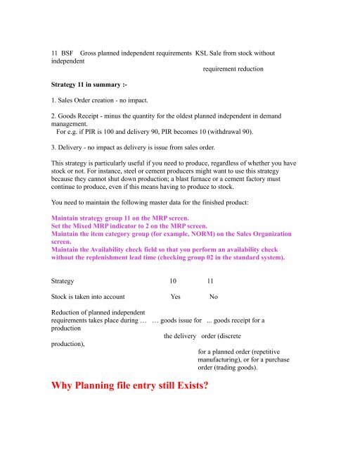 SAP Production Planning Table