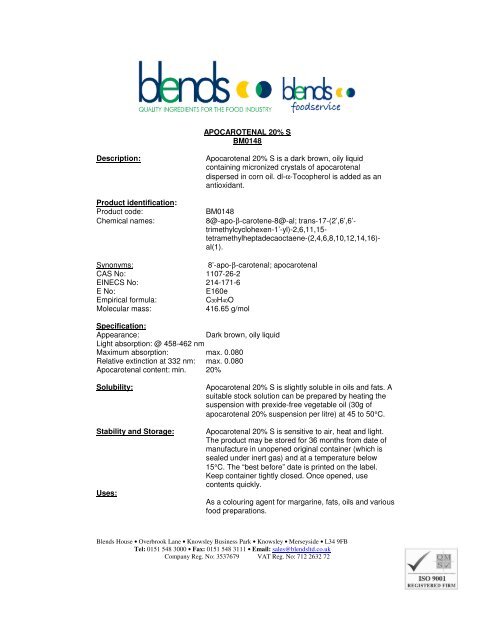 APOCAROTENAL 20 S BM0148 Description Apocarotenal 20 S